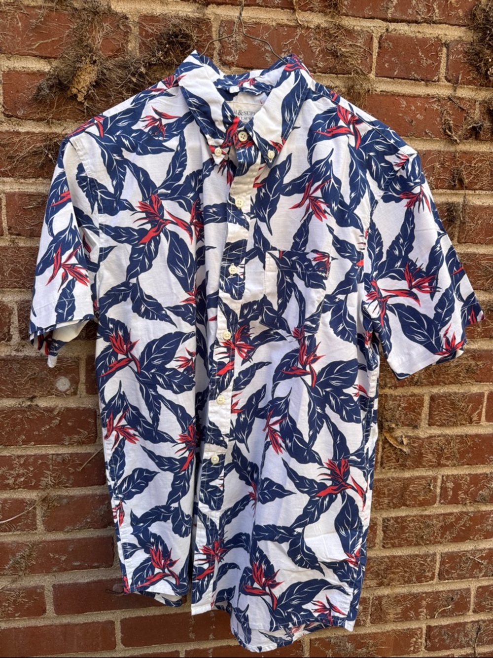 Ralph Lauren White Short-Sleeve Button-Down with Navy & Red Tropical Leaves